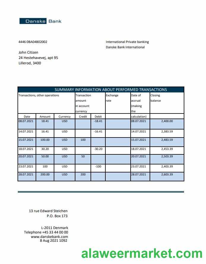 Denmark Danskebank bank statement easy to fill template in Excel and PDF format